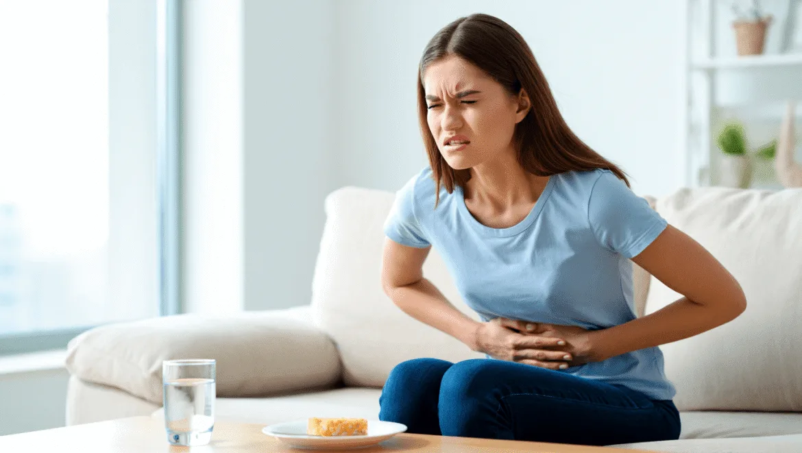 Woman with uncomfortable stomach bloat
