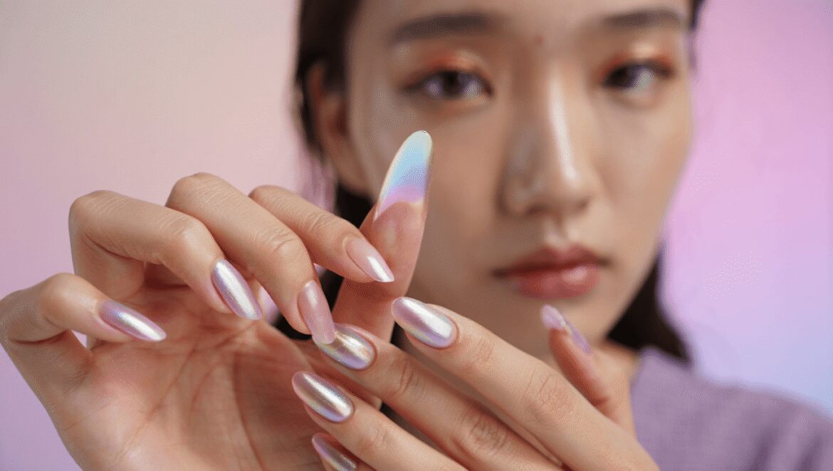 Main féminine avec des ongles en amande longs arborant un vernis nacré irisé effet sirène sur fond blanc minimaliste.