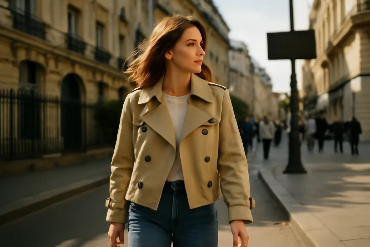 Pourquoi le trench court vaut l'investissement — Contrairement à une veste fourre‑tout, le trench court apporte une ligne nette à la silhouette sans l'alourdir. Sa coupe courte joue sur les proportions et peut dynamiser des basiques comme le jean ou la