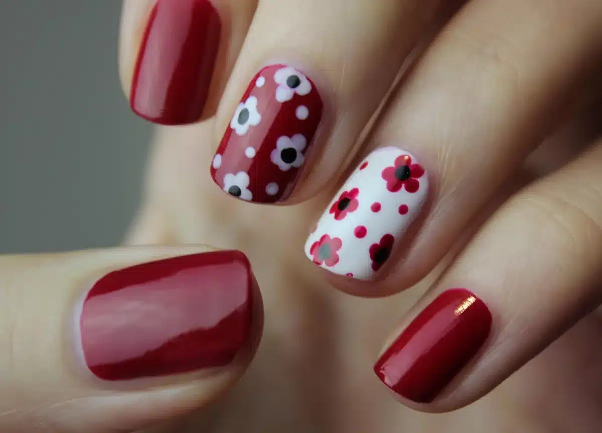 Vernis à ongles bordeaux profond appliqué sur ongles bien limés