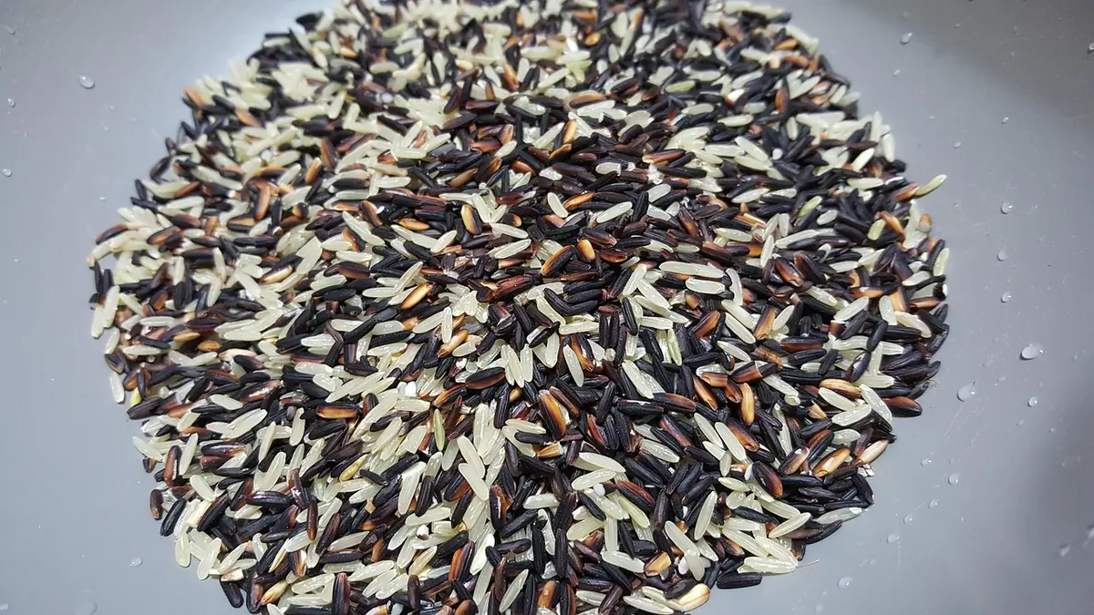 Pain complet et bol de riz brun sur une table